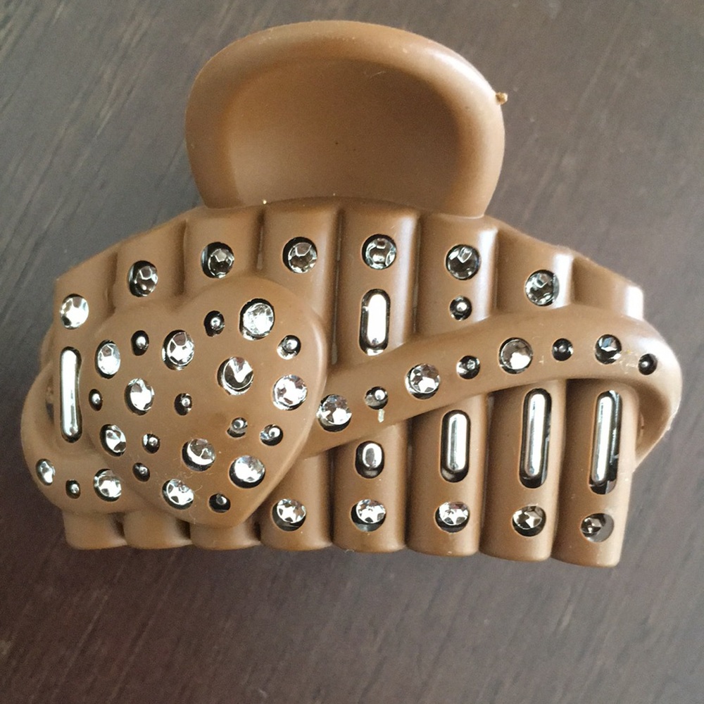 New Hair Clip Tan White stones Plastic